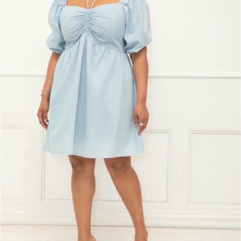 Eloquii Elements Light Chambray Puff Sleeve Shirred Front Dress Size 14 - Picture 2 of 7
